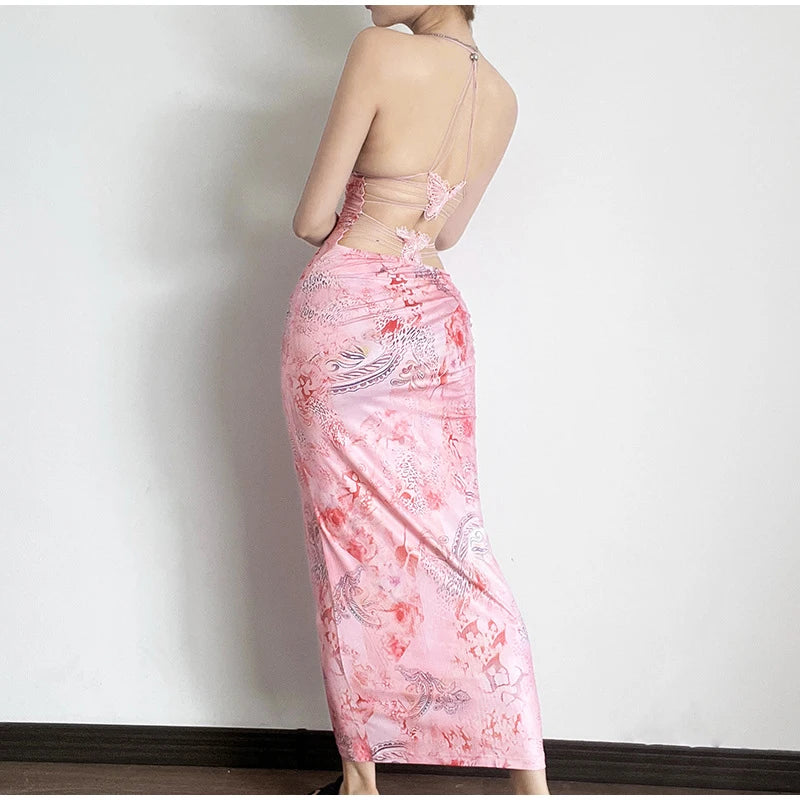 Alice – Schmetterling Halterneck Rückenfrei Schlankes Druckkleid