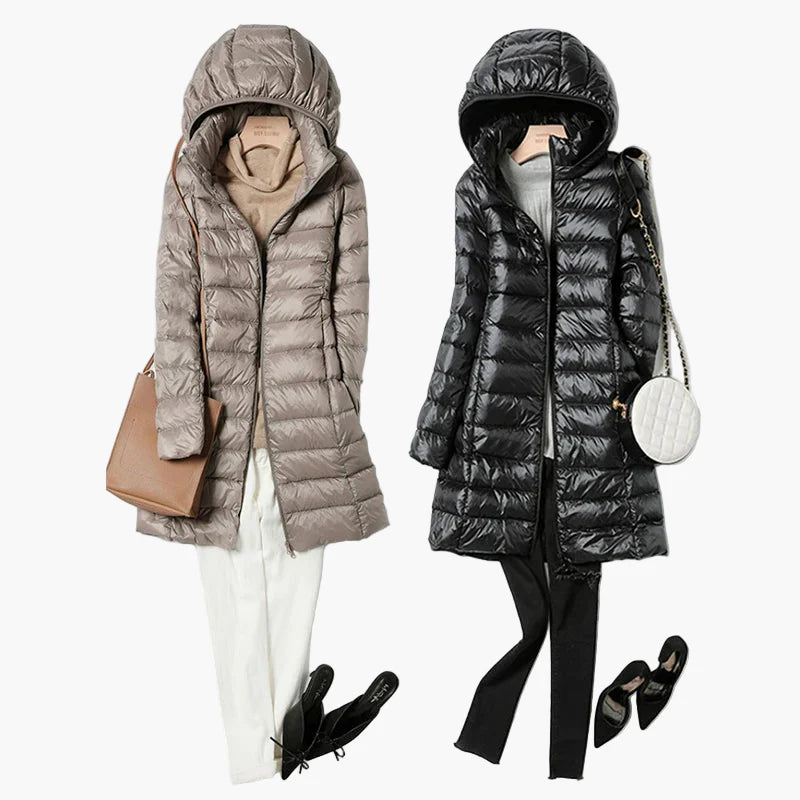 Women's winter quilted coat with hood – fashionable long coat for everyday and outdoor use