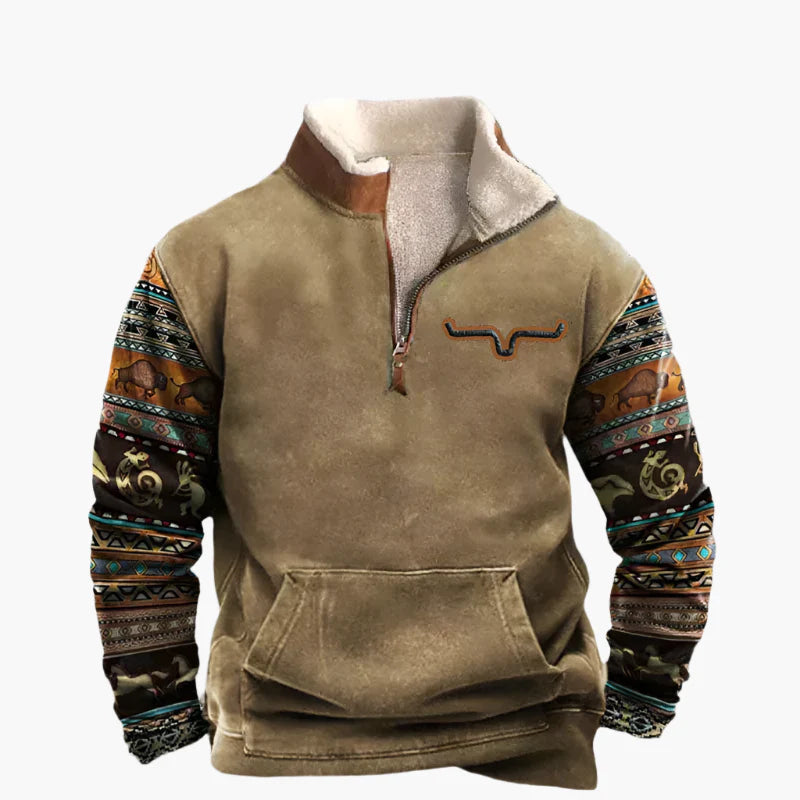 Men's Vintage Sweatshirt with Ethnic Pattern Sleeves – Comfortable Casual Pullover in Retro Style