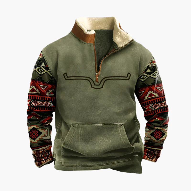 Men's Vintage Sweatshirt with Ethnic Pattern Sleeves – Comfortable Casual Pullover in Retro Style