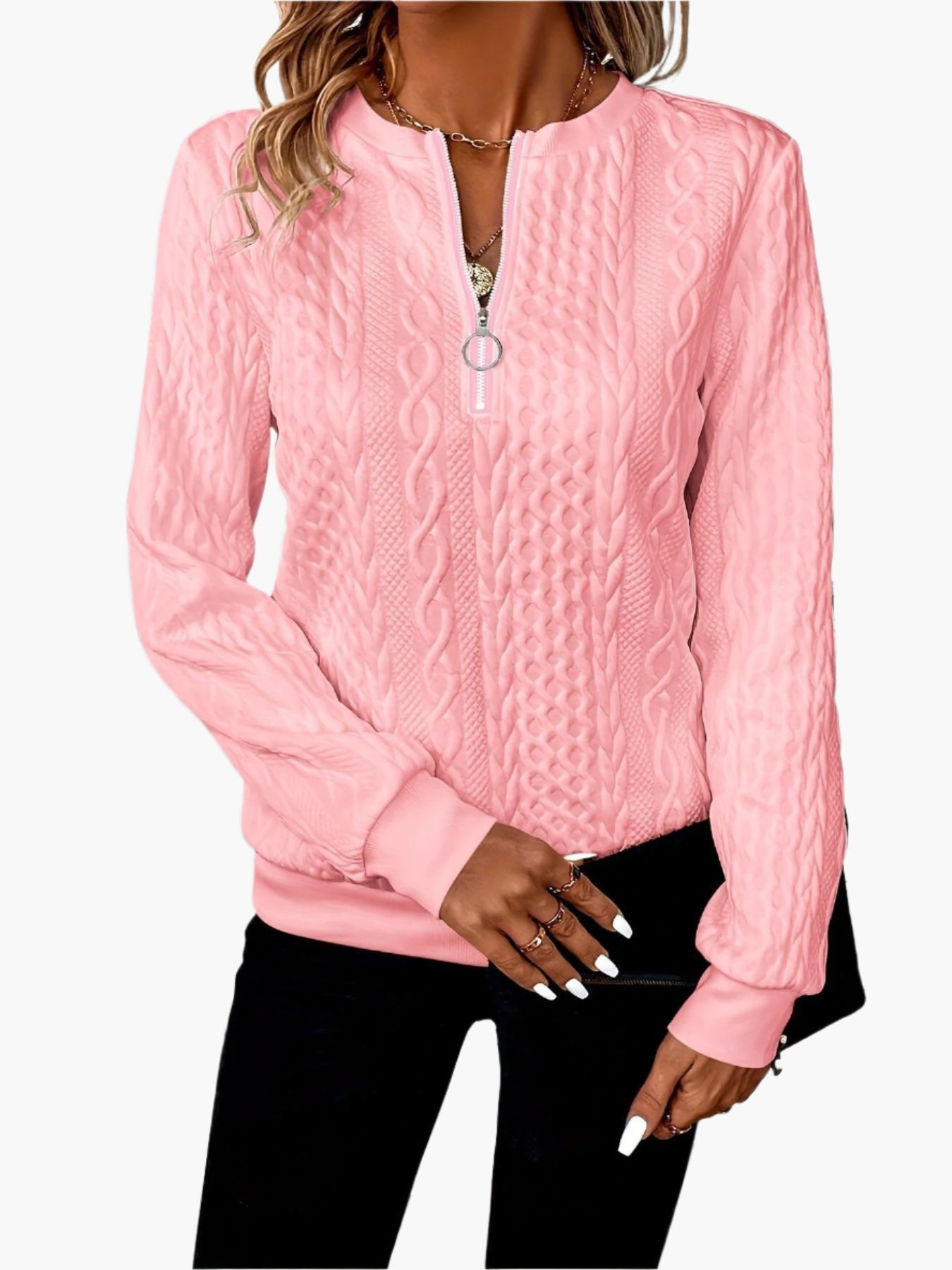 Damen Strickpullover mit Reißverschluss – Modischer Alltags-Sweater im Zopfmuster