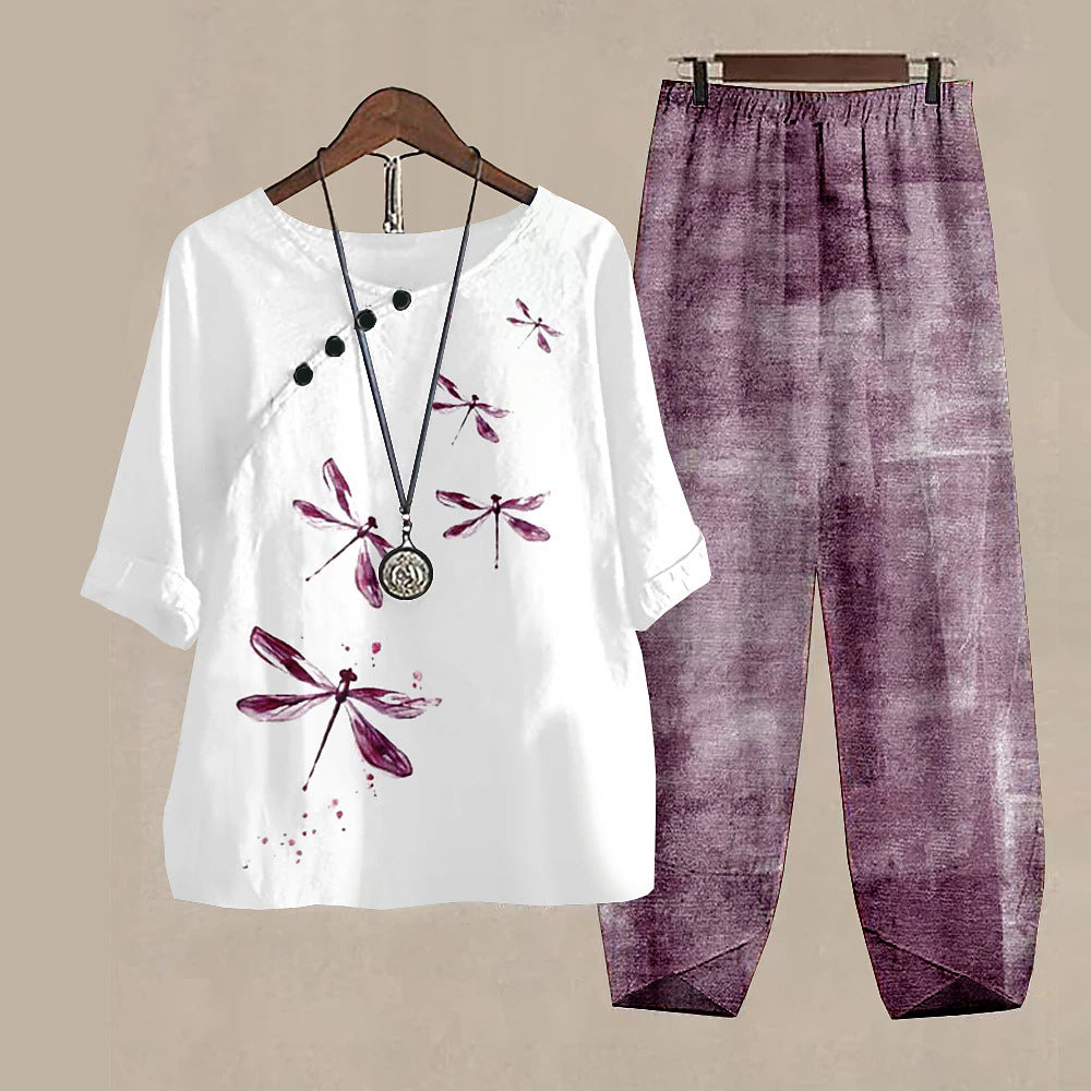 Damen Freizeit Set im Japanischen Stil mit Libellen-Print – Zweiteiler, Bequem für Alltag & Reisen