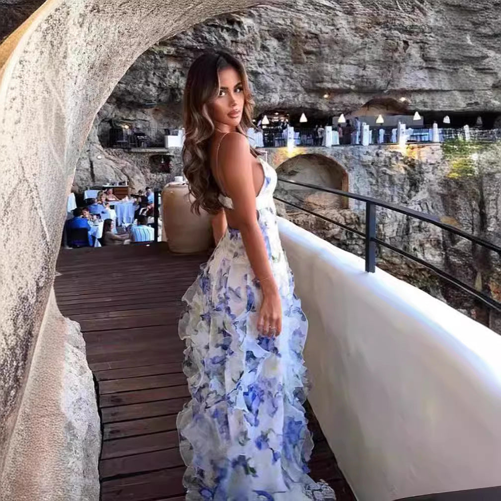 Damen Elegantes Maxikleid mit Blumen und Volants – Perfekt für besondere Anlässe und Abendveranstaltungen