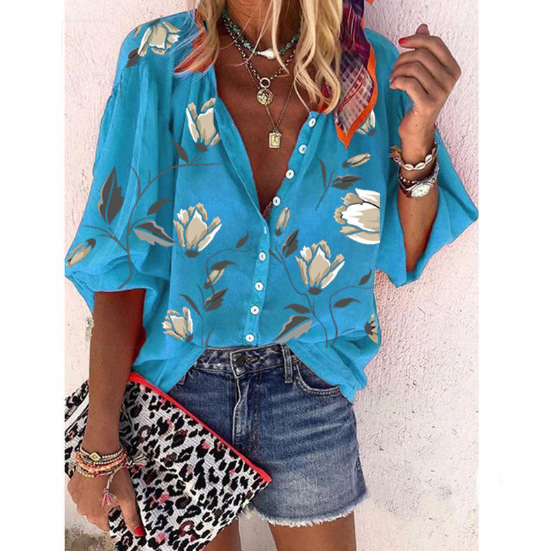 Kate – Flower-Printed Nine-Sleeve Top Loose Casual Shirt