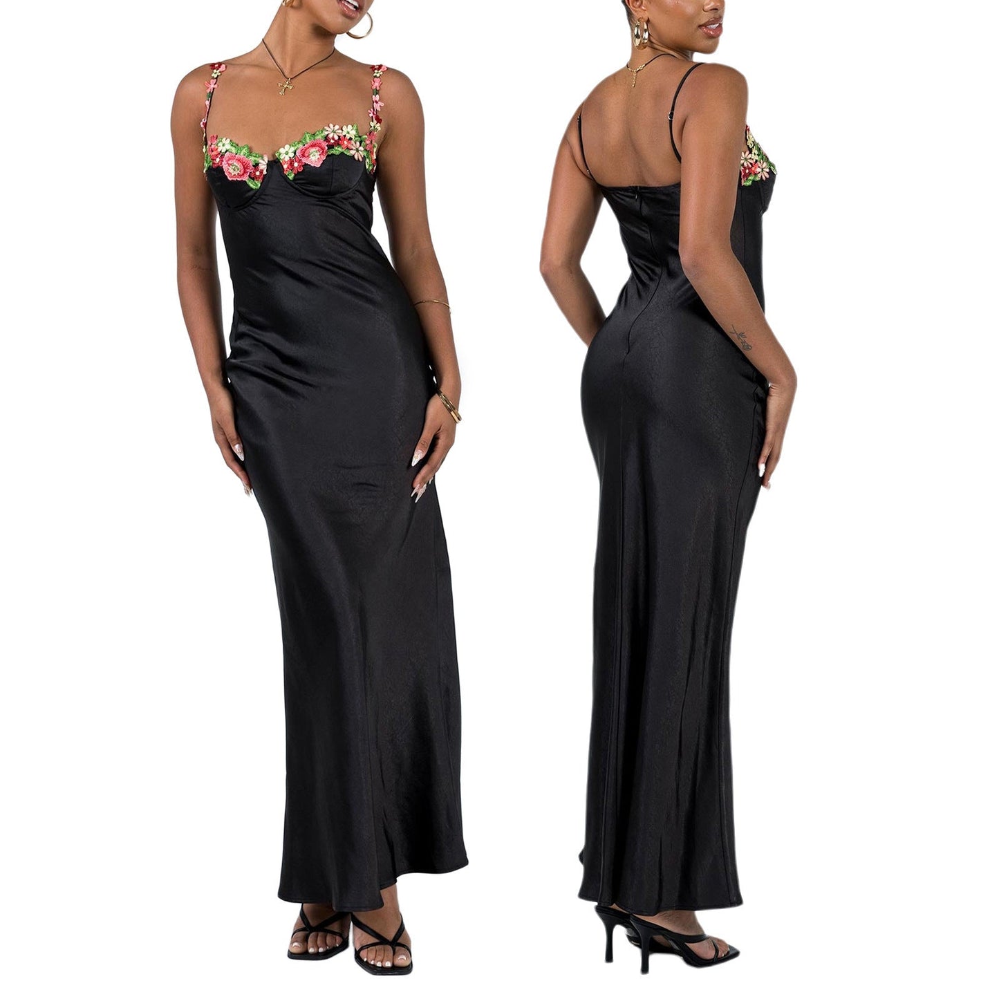 Damen Elegantes Maxikleid mit Stickerei – Satin Slip Dress für festliche Anlässe und Partys