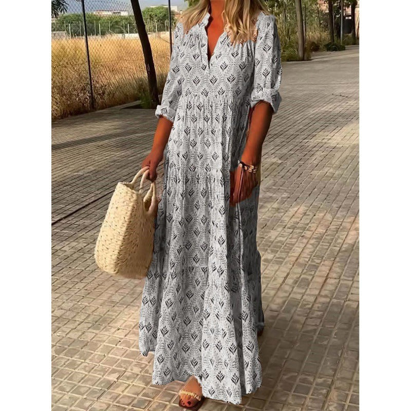 Damen Boho Maxikleid mit Hemdkragen und Falten – Sommer Freizeitkleid für Urlaub & Alltag