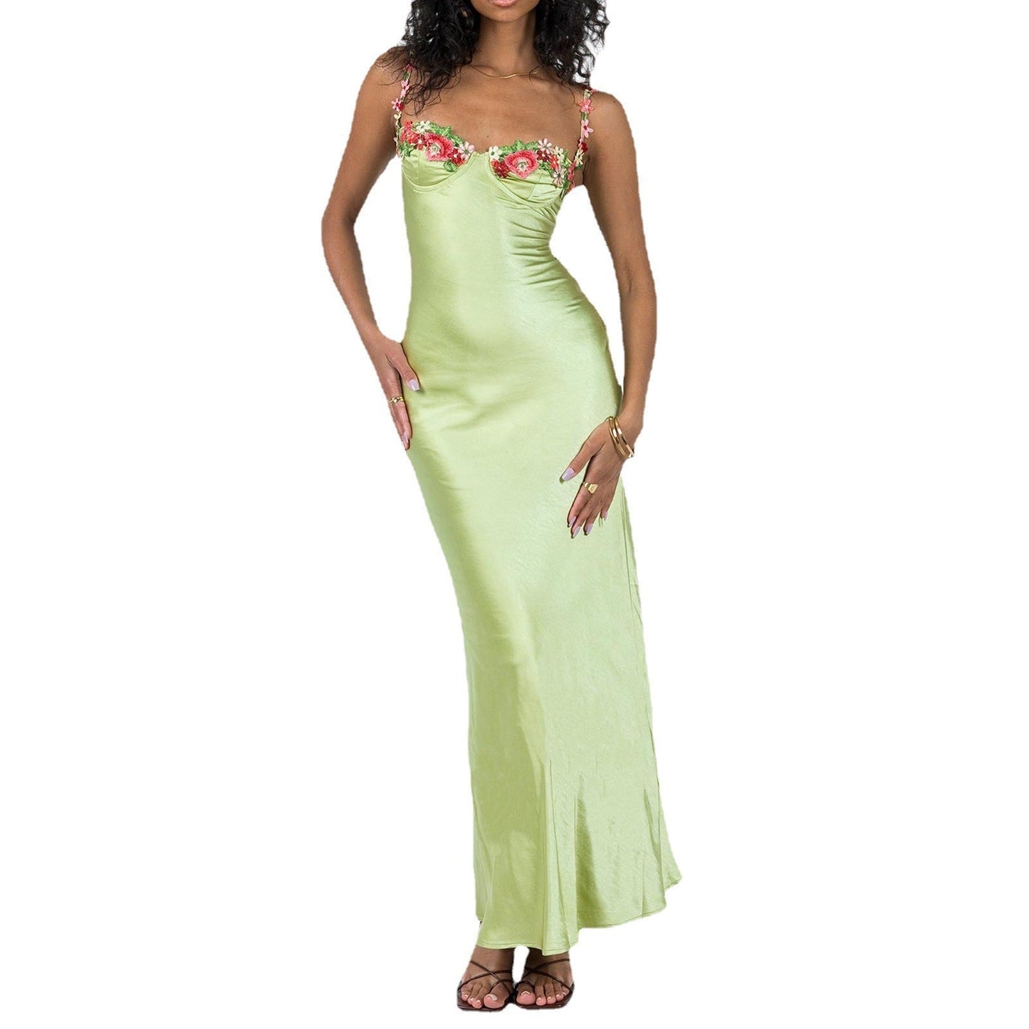 Damen Elegantes Maxikleid mit Stickerei – Satin Slip Dress für festliche Anlässe und Partys