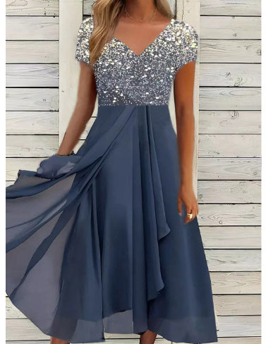Damen Elegantes Chiffon Midikleid mit Blumenmuster und A-Linie für besondere Anlässe