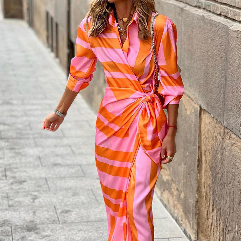 Trevor – Striped Dress with Lacing in European and American Style
