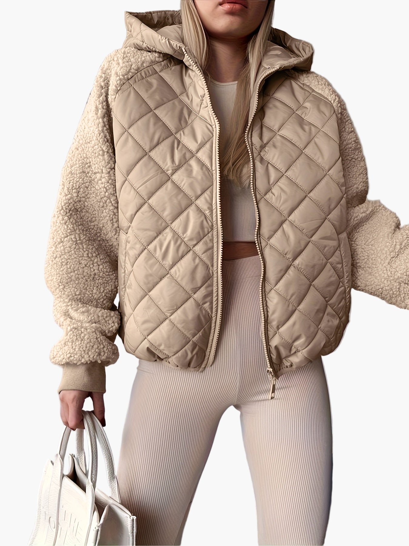 Women's quilted jacket with hood and teddy fur sleeves – fashionable transitional jacket for everyday and leisure use