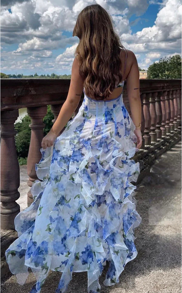 Damen Elegantes Maxikleid mit Blumen und Volants – Perfekt für besondere Anlässe und Abendveranstaltungen