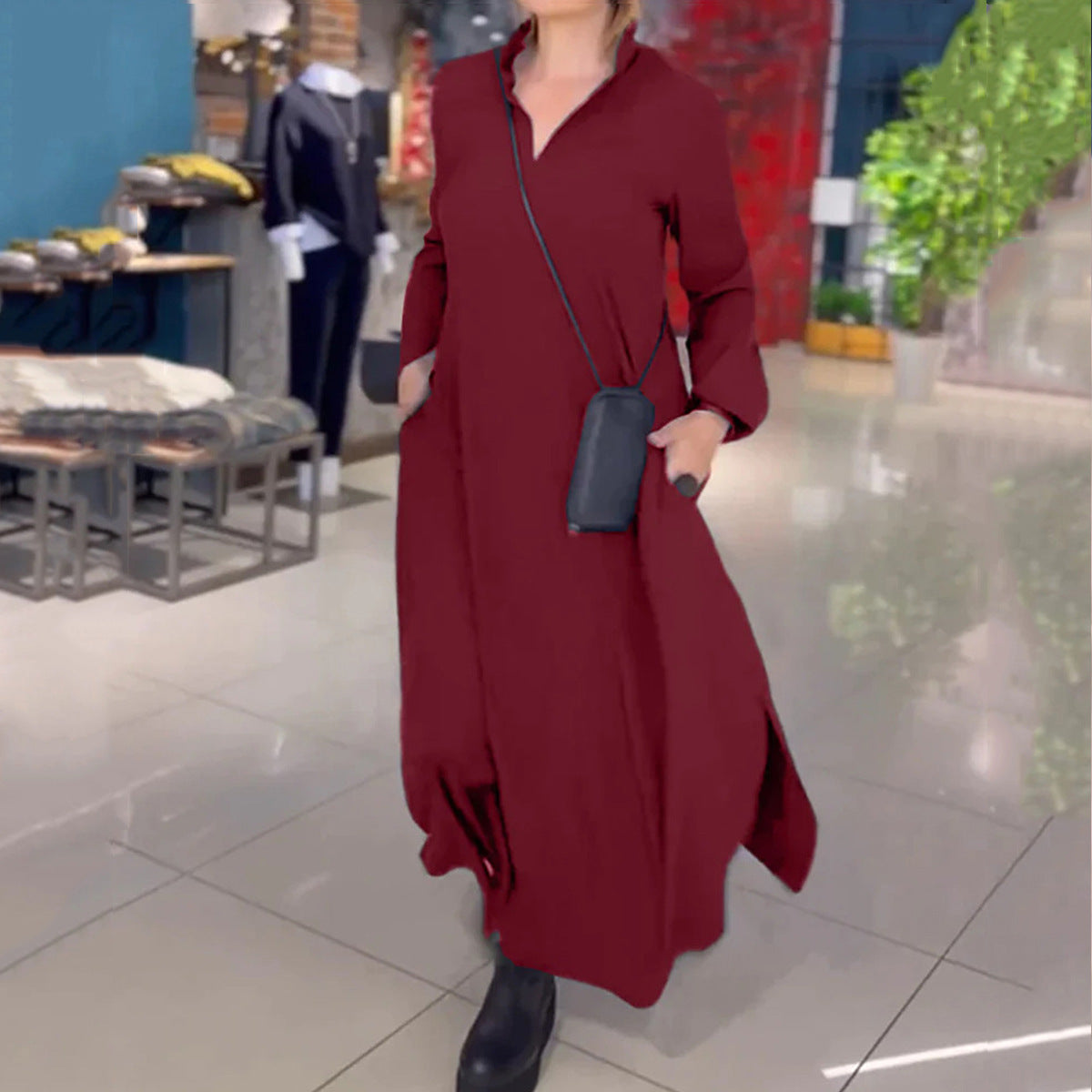 Stephanie – Langes, Lockeres Kleid mit V-Ausschnitt und Langarm
