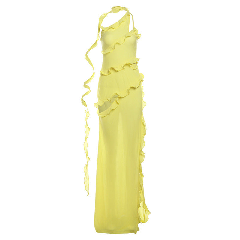 Claire – Fashionable street lace ruffle dress with asymmetrical shoulder design