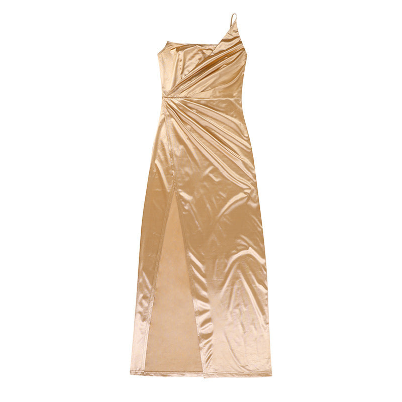 Margaret – Woven Single Shoulder Fishbone Waistband Slit Dress für Damen