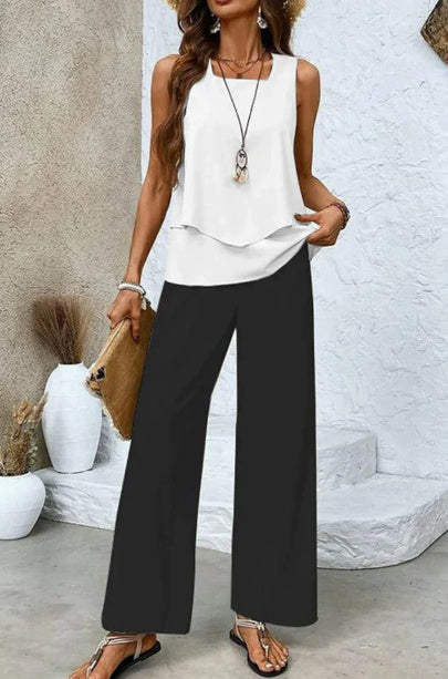 Tanya – Sleeveless Double-Layer Vest and Loose Straight Pants for Women