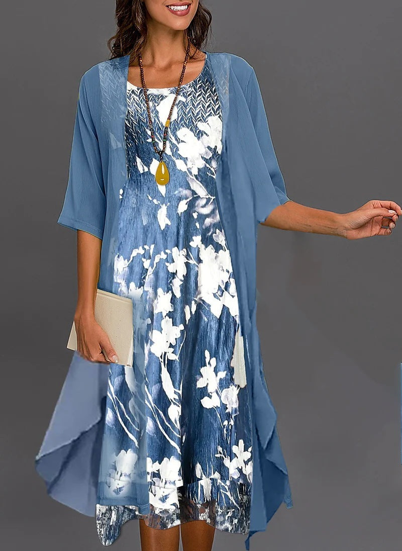 Damen Elegantes Zweiteiliges Chiffon A-Linien Midikleid Set Festlich & Alltag