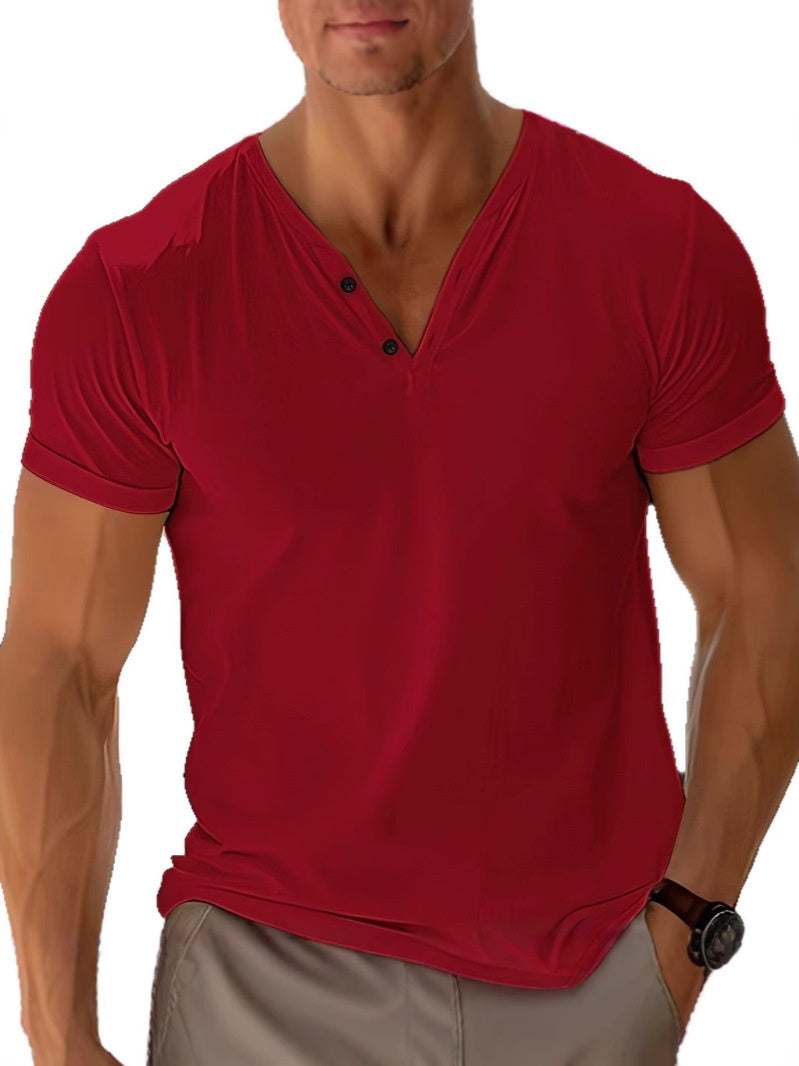 Men's Casual V-Neck Short Sleeve Shirt with Button Placket – Modern Basic for Everyday & Leisure