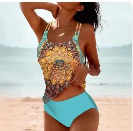 Esme – Retro Hochtaillierter Bikini mit Stranddruck