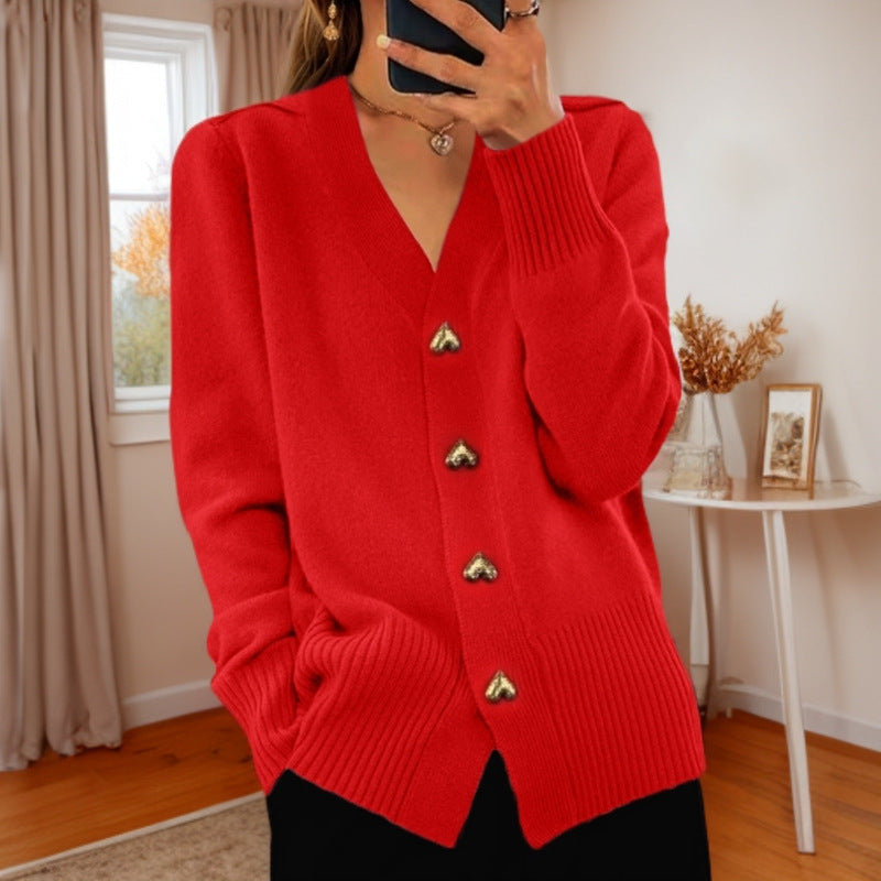Heather – V-neck knit sweater with button and long sleeves for women