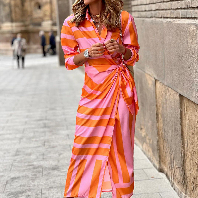 Trevor – Striped Dress with Lacing in European and American Style
