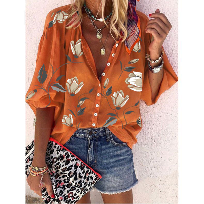 Kate – Flower-Printed Nine-Sleeve Top Loose Casual Shirt