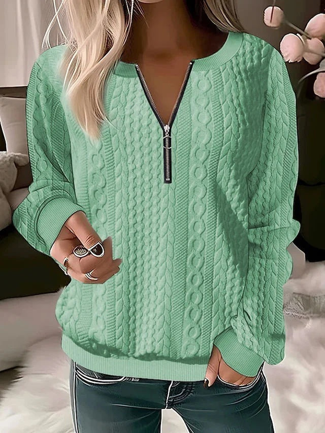 Shirley – Langärmliges Damen-T-Shirt mit V-Ausschnitt und Reißverschluss in soliden Farben