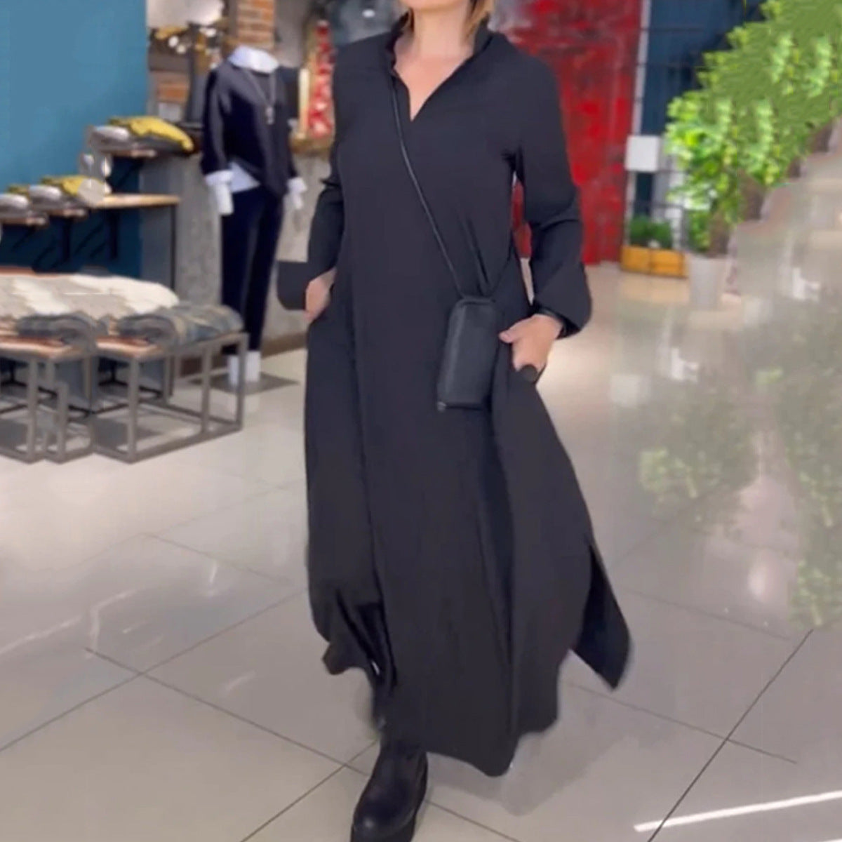 Stephanie – Langes, Lockeres Kleid mit V-Ausschnitt und Langarm