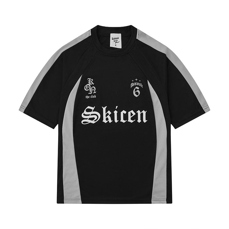 Herren Hip Hop Streetwear T-Shirt mit Letter Print und Kontraststreifen – Urban Style Kurzarmshirt