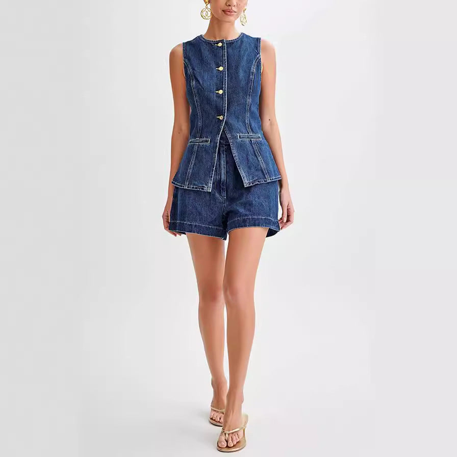 Damen Zweiteiler Jeansweste und High-Waist Shorts Set – Modisches Streetwear Outfit für Freizeit & Sommer