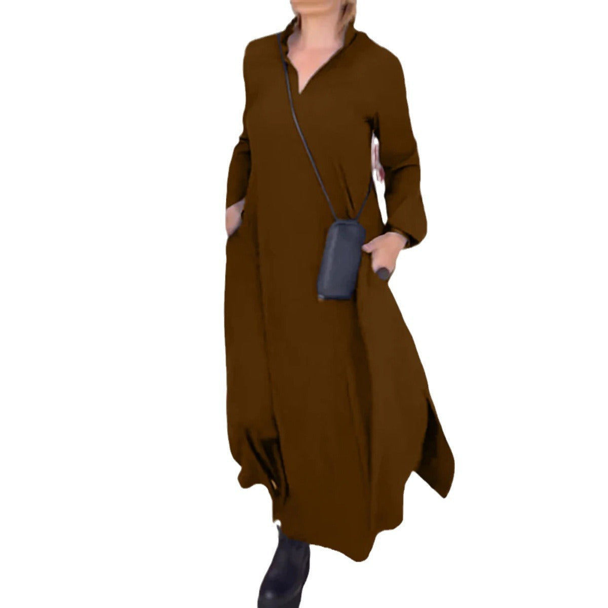 Stephanie – Langes, Lockeres Kleid mit V-Ausschnitt und Langarm