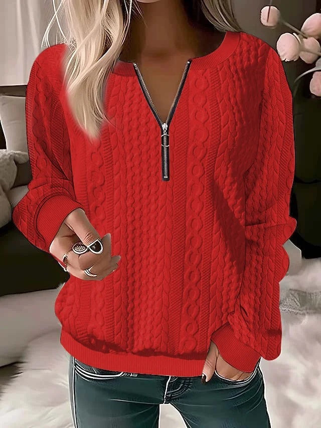 Shirley – Langärmliges Damen-T-Shirt mit V-Ausschnitt und Reißverschluss in soliden Farben