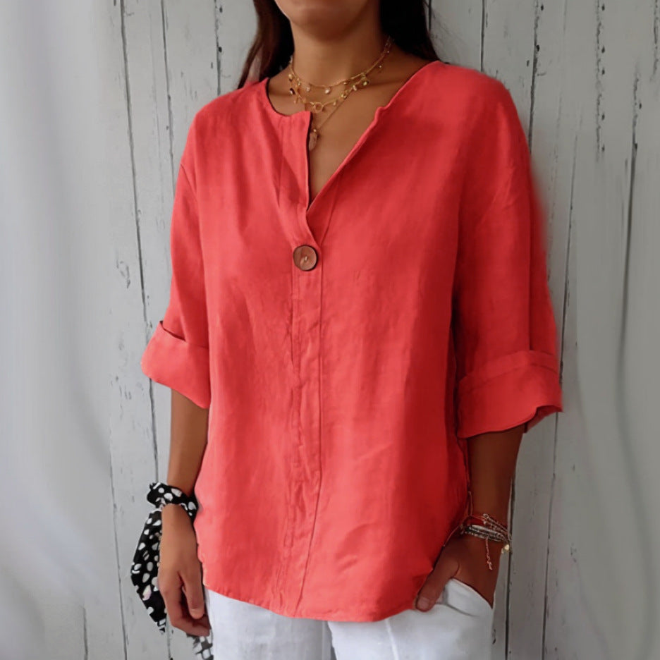Esme – Lockere Damen T-Shirt mit V-Ausschnitt aus Baumwolle und Leinen