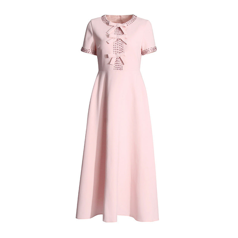Helen – High-waisted dress with round neckline and rhinestone bow