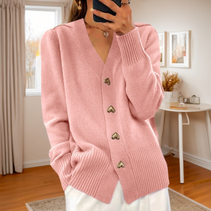 Heather – V-neck knit sweater with button and long sleeves for women
