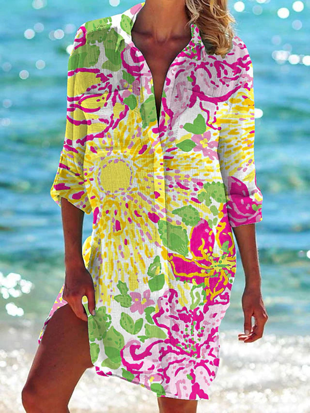 Women's Beach Tunic Dress – Summer Beach Cover-up, Airy, Tropical Pattern, Perfect for Vacation & Pool