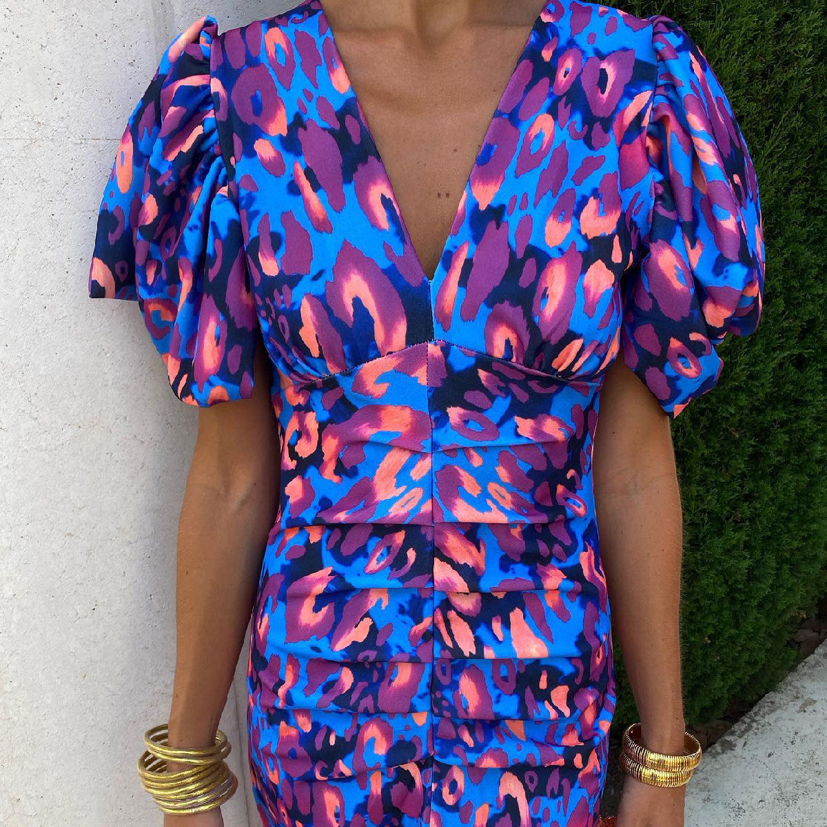 Women's Statement Midi Dress with Puff Sleeves – Elegant Party Dress with Modern Cut