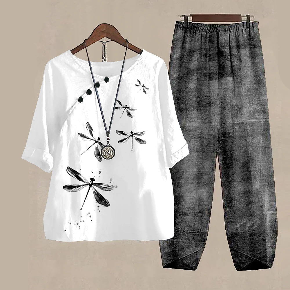 Damen Freizeit Set im Japanischen Stil mit Libellen-Print – Zweiteiler, Bequem für Alltag & Reisen