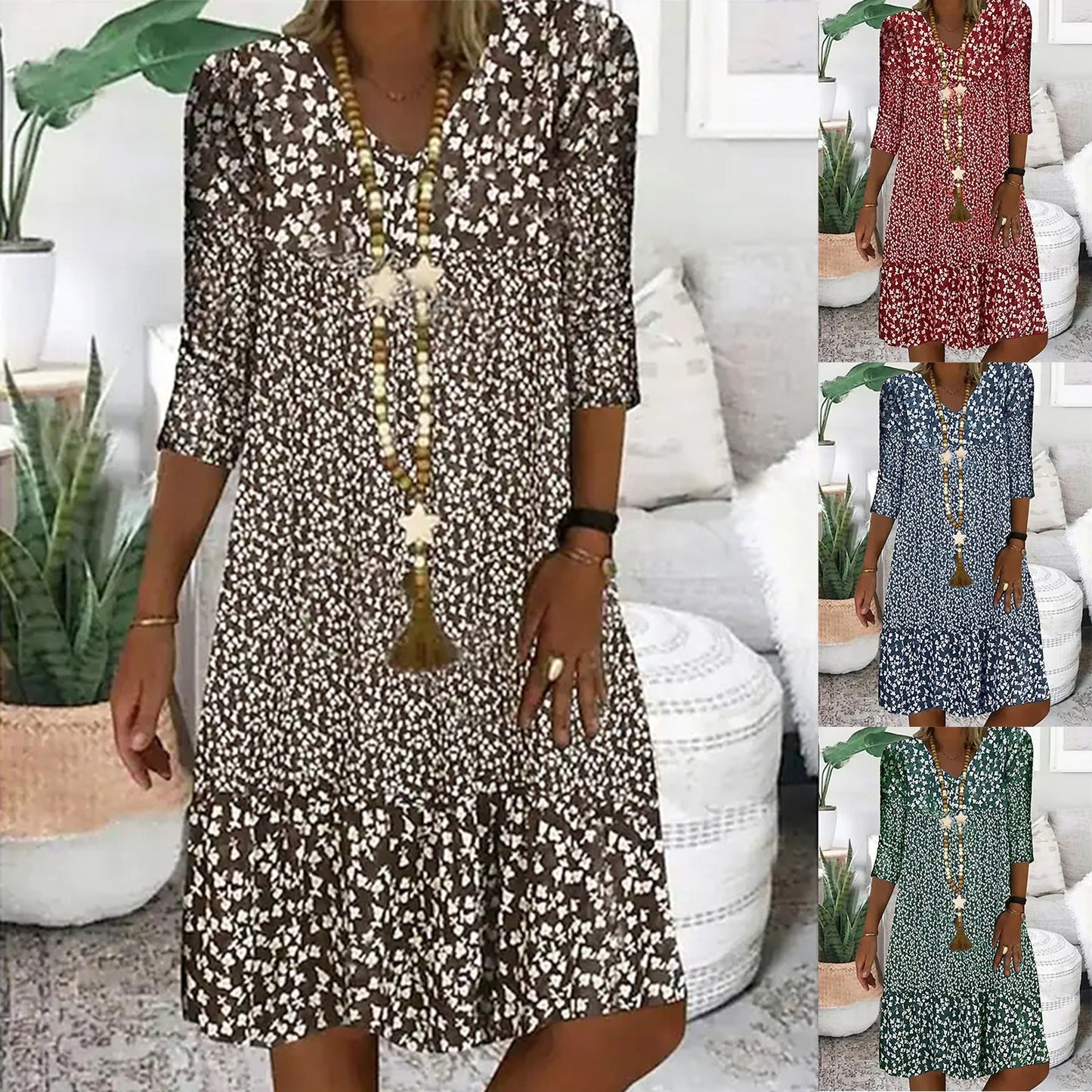 Samantha – Printed V-neck Midi Dress for Women