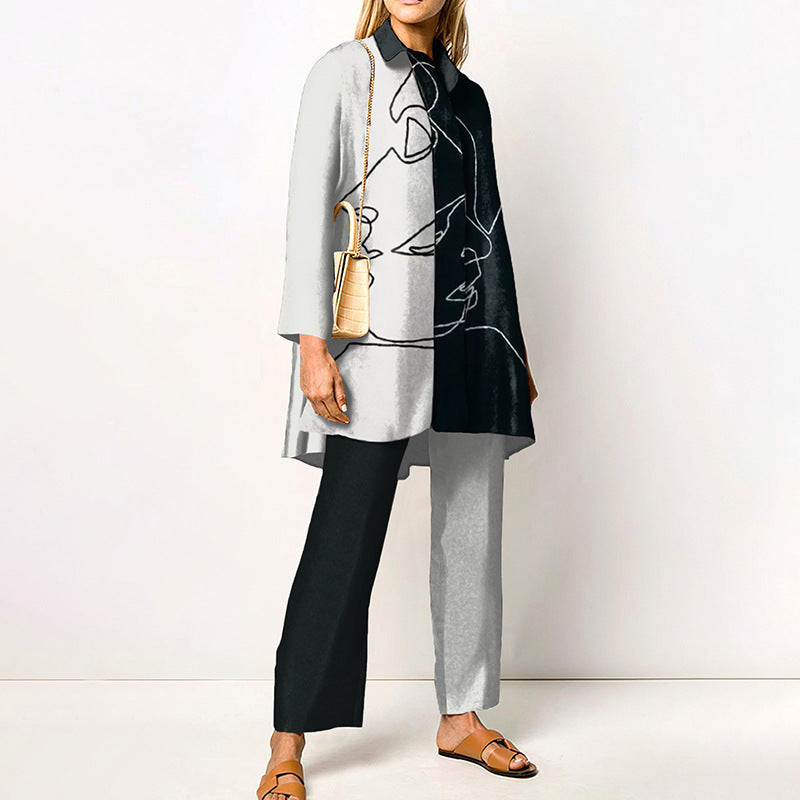 Women's two-piece set with modern geometric pattern – casual outfit for everyday and office
