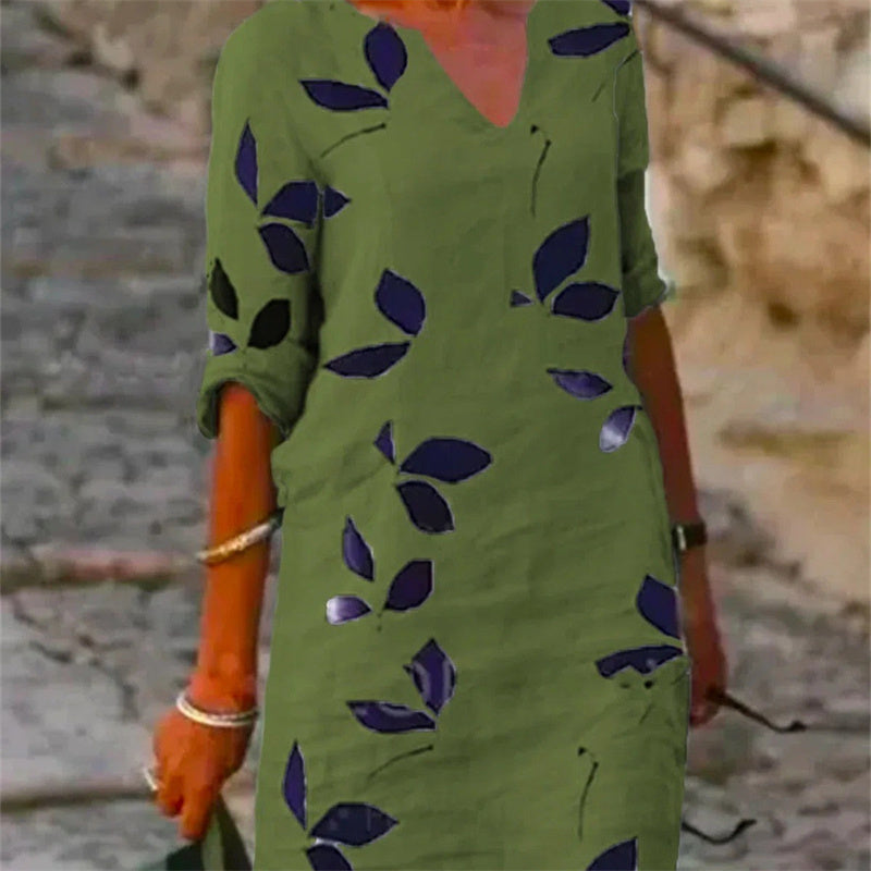 Jasmine – Vintage dress with leaf print and half sleeves