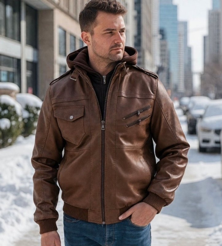 Men's biker jacket with hood in modern urban style – perfect for leisure and city use