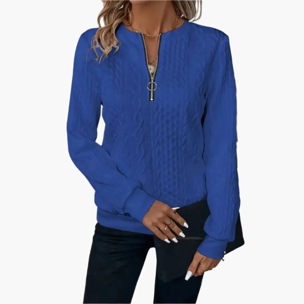 Damen Strickpullover mit Reißverschluss – Modischer Alltags-Sweater im Zopfmuster