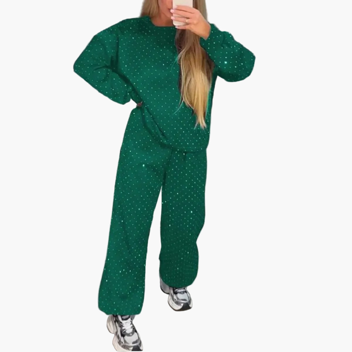 Damen Freizeit Zweiteiler Set mit Strass – Bequemes Oversize Outfit für Alltag und City