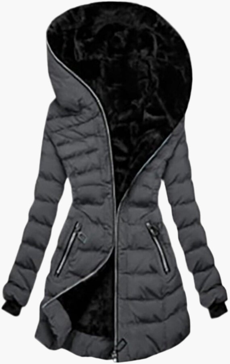 Women's winter jacket with hood and asymmetrical zipper – Fashionable outdoor jacket with fleece lining