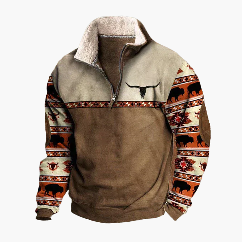 Men's Vintage Sweatshirt with Ethnic Pattern Sleeves – Comfortable Casual Pullover in Retro Style