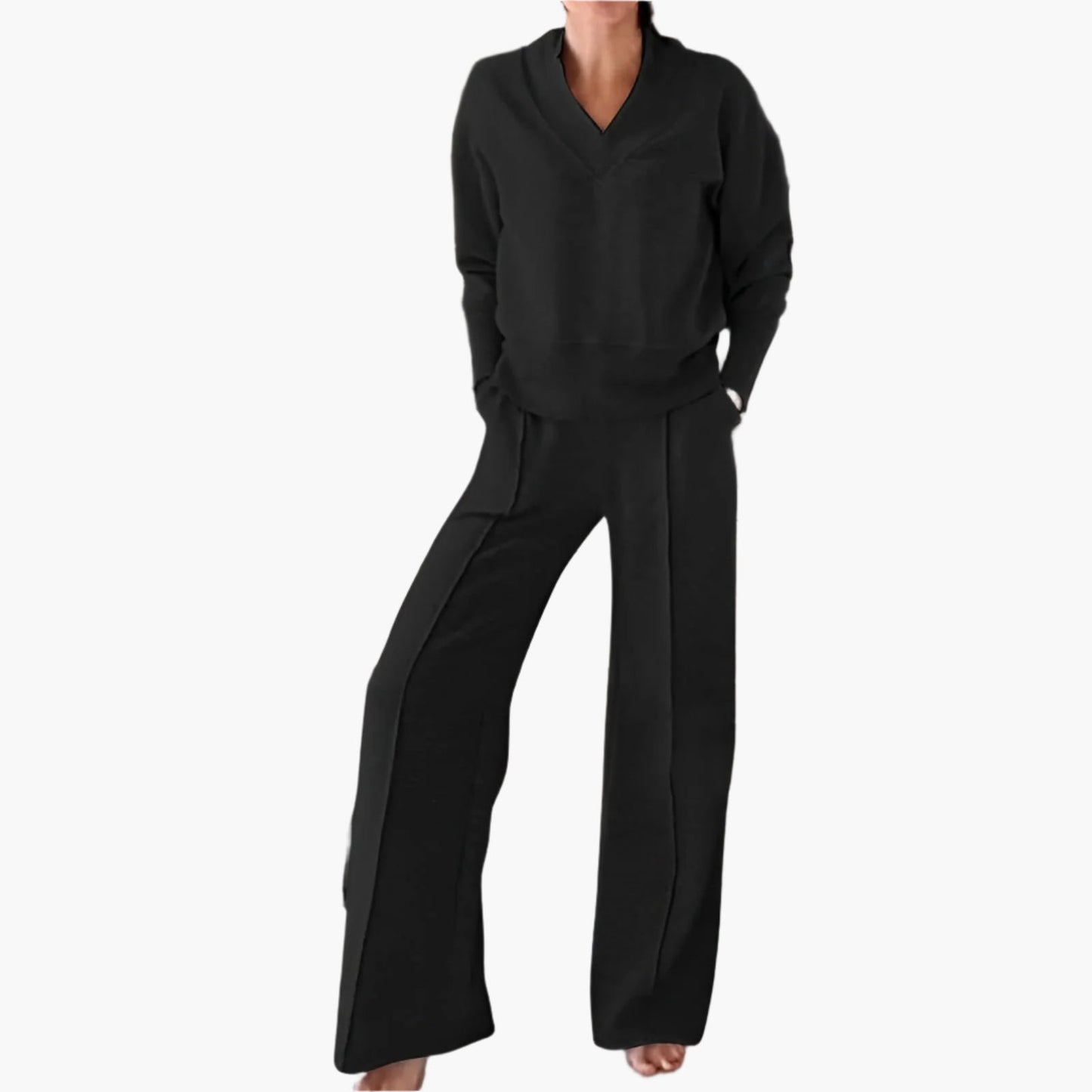 Damen Lounge- und Sportanzug Zweiteiler – Modischer Freizeitlook mit weitem Bein und V-Ausschnitt
