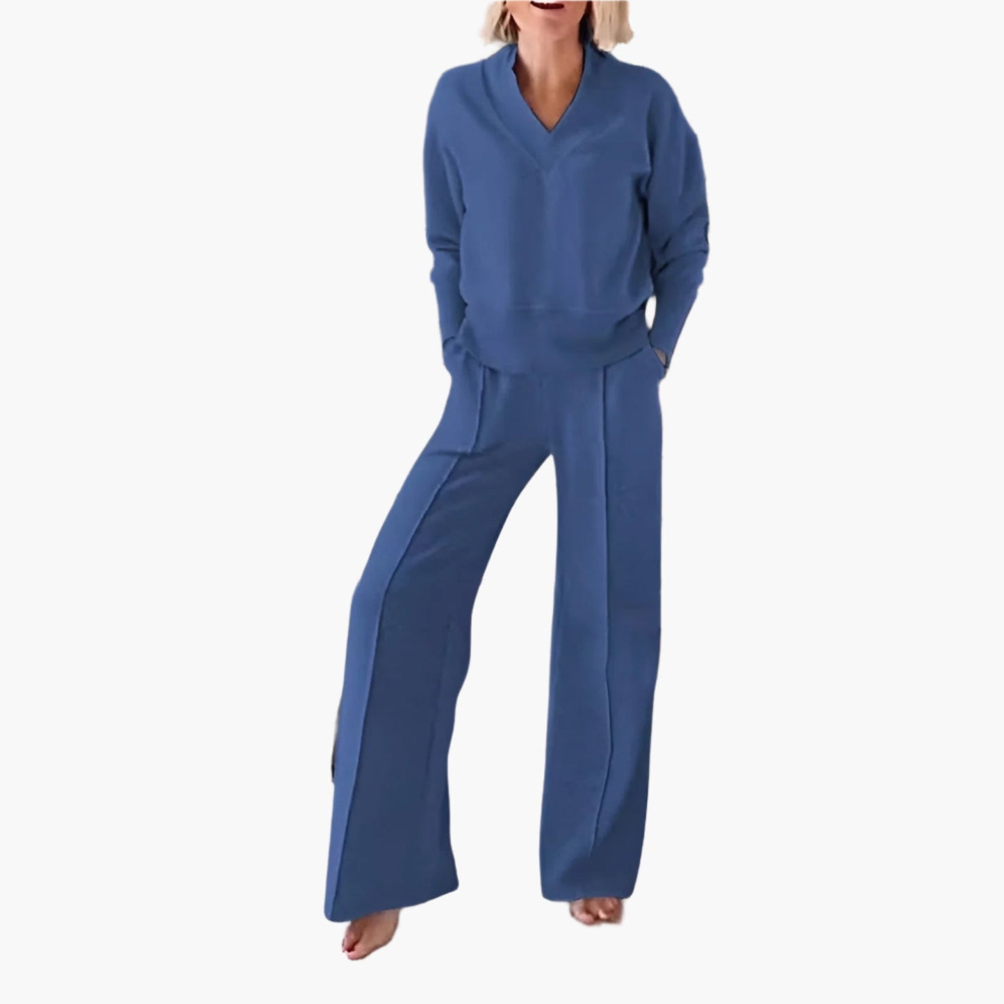 Damen Lounge- und Sportanzug Zweiteiler – Modischer Freizeitlook mit weitem Bein und V-Ausschnitt
