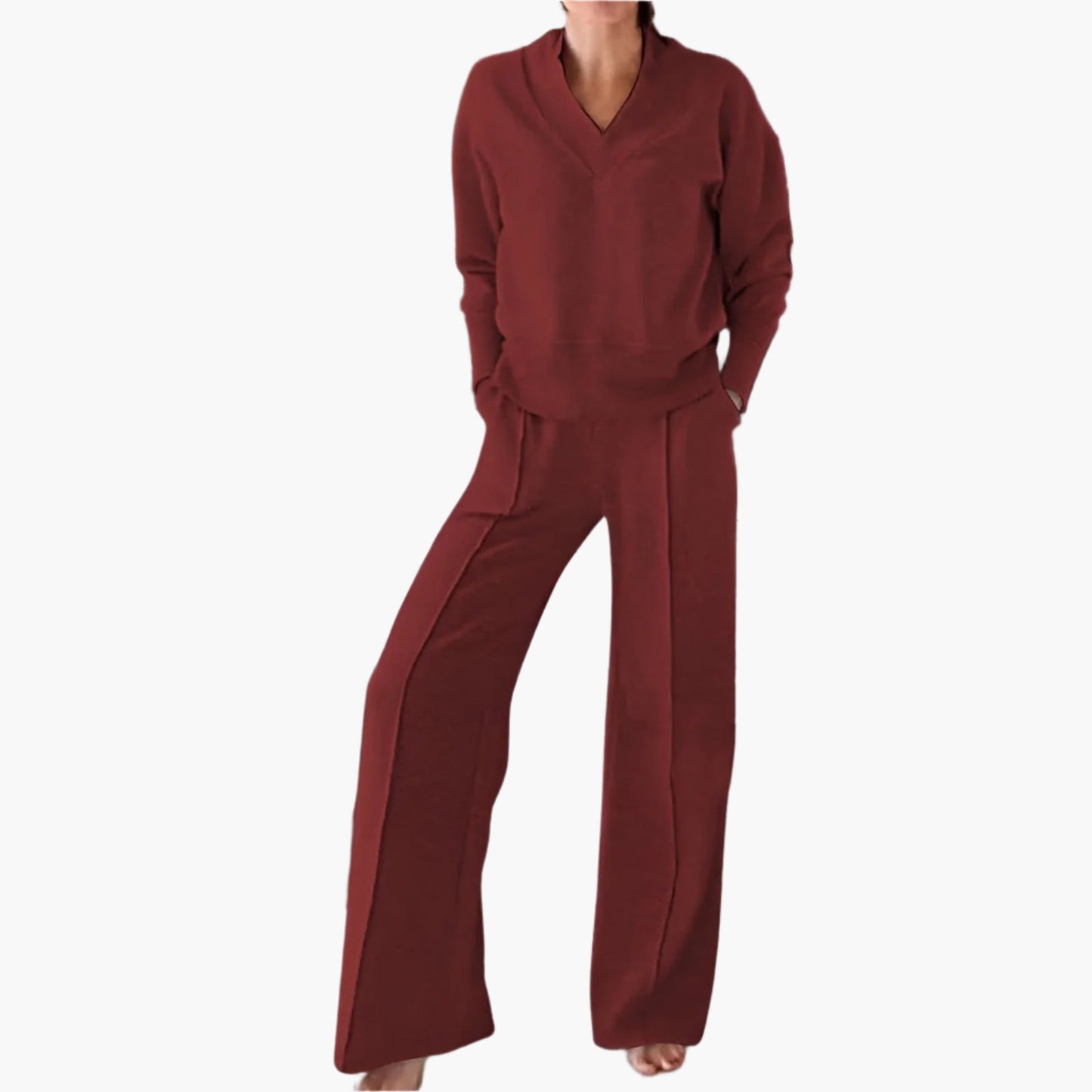 Damen Lounge- und Sportanzug Zweiteiler – Modischer Freizeitlook mit weitem Bein und V-Ausschnitt