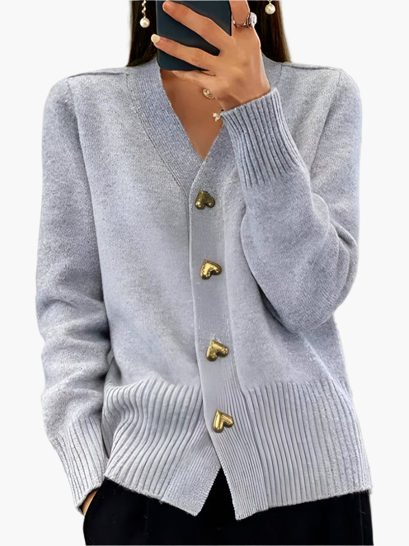 Damen Cardigan Strickjacke mit Herzknöpfen – Eleganter Herbst/Winter Look für Alltag & Büro