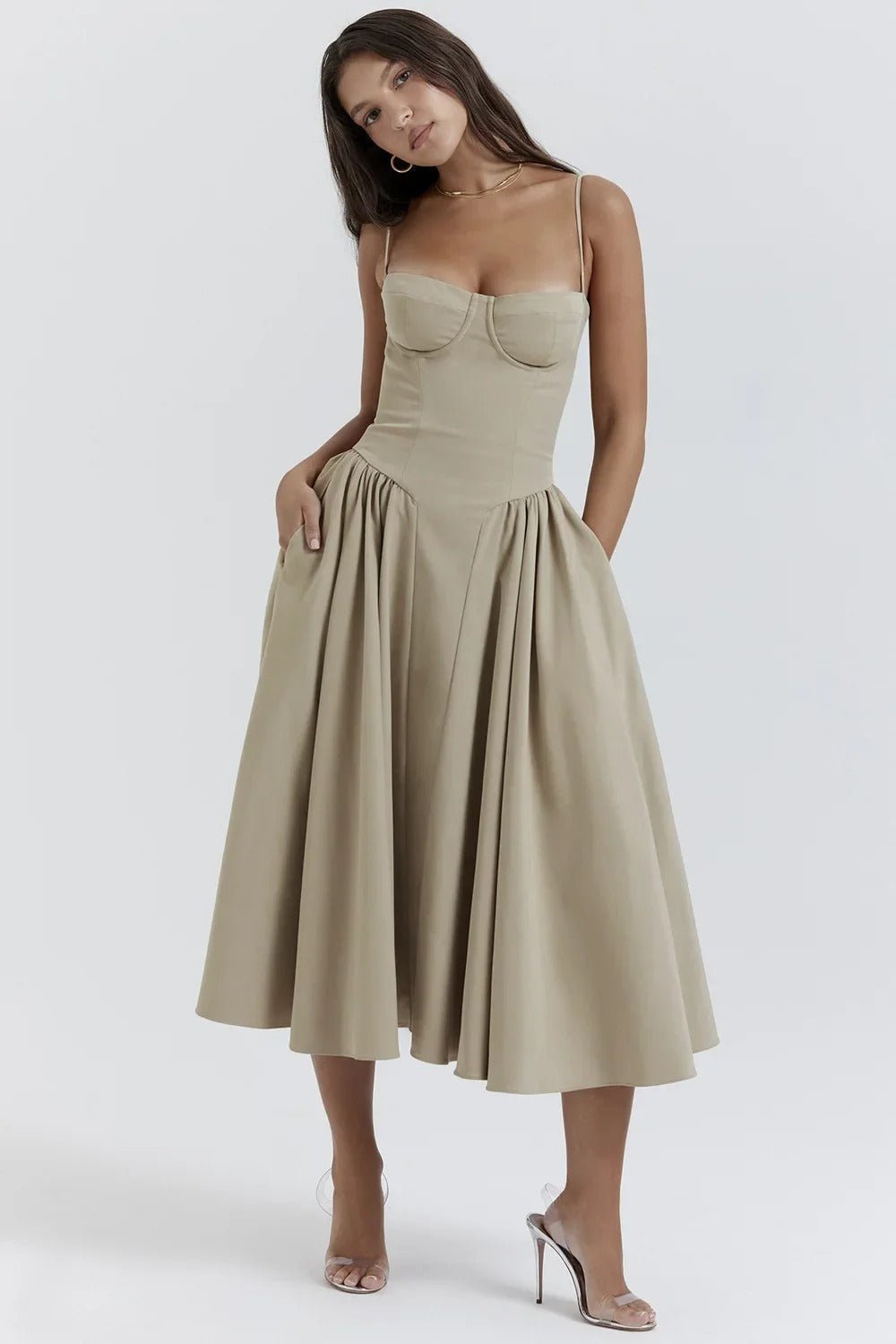 Tara – Ärmelloses Midi-Kleid mit Korsett-Passform